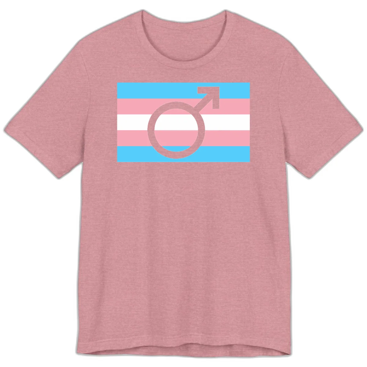 Gray transgender symbol with male arrow and circle overlaid on light blue, pink, and white horizontal stripes representing the trans pride flag in Heather Orchid