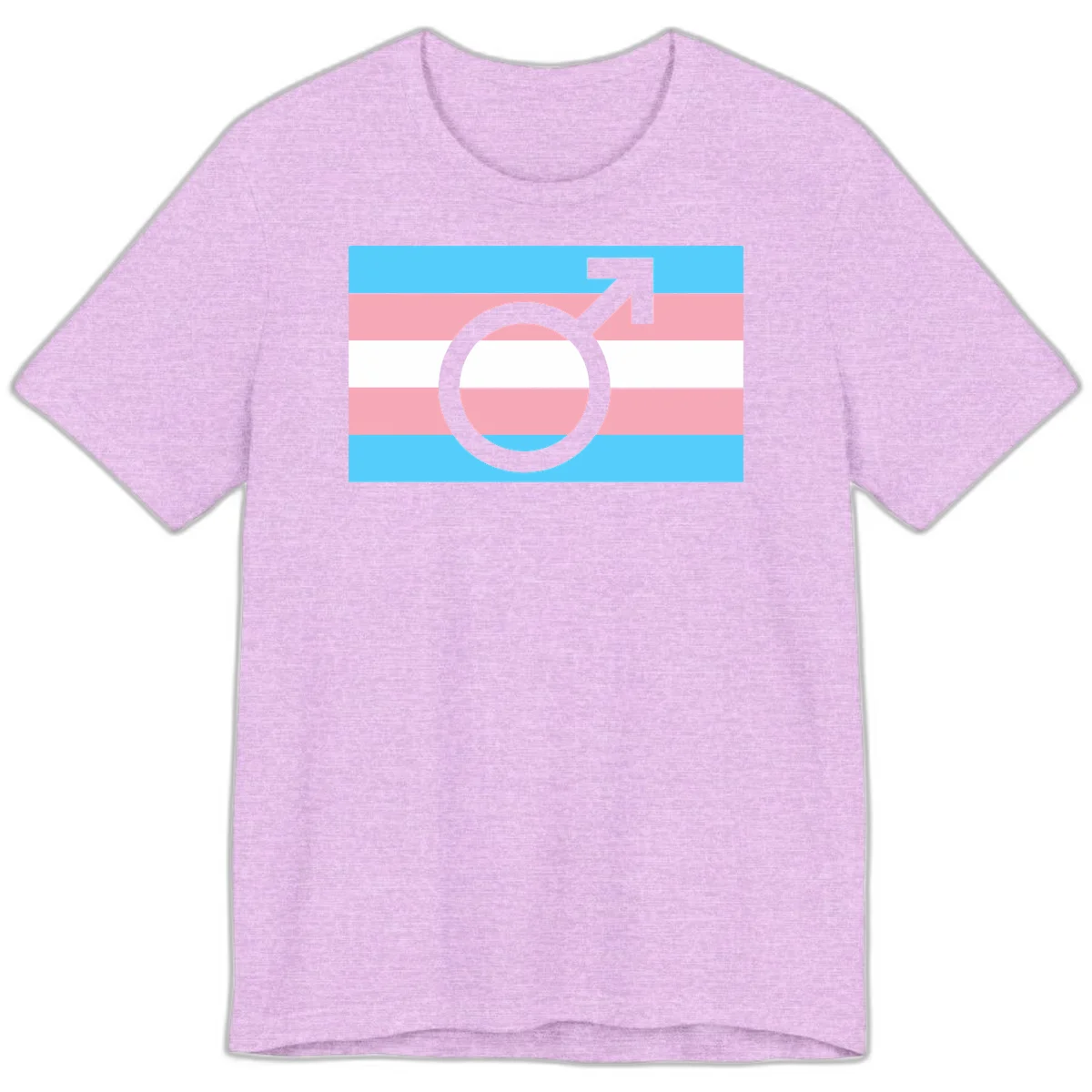 Gray transgender symbol with male arrow and circle overlaid on light blue, pink, and white horizontal stripes representing the trans pride flag in Heather Prism Lilac