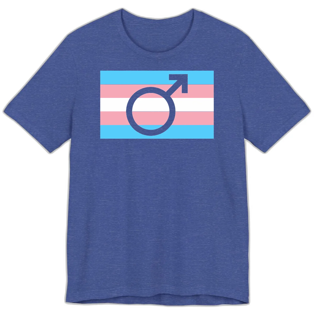 Gray transgender symbol with male arrow and circle overlaid on light blue, pink, and white horizontal stripes representing the trans pride flag in Heather True Royal