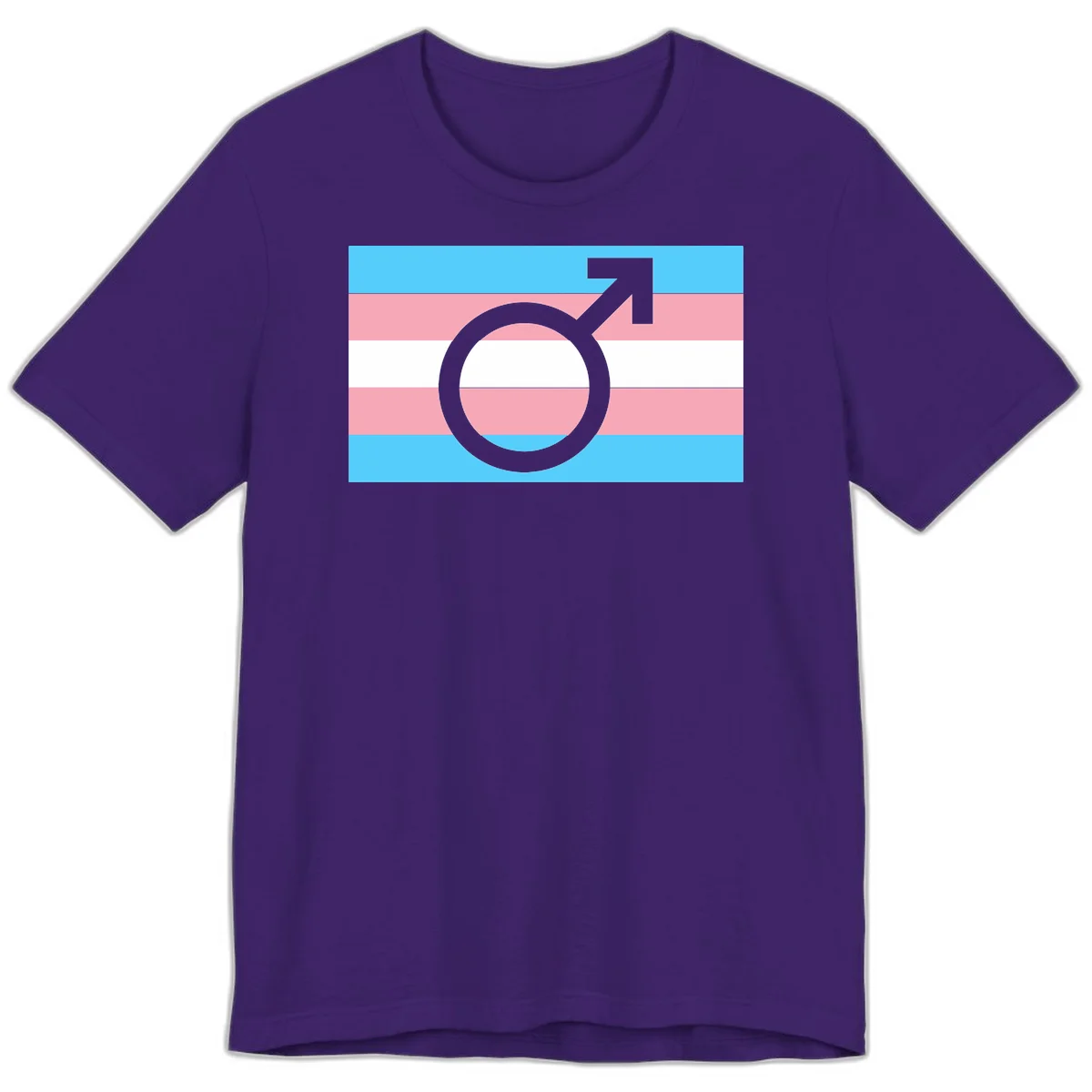 Gray transgender symbol with male arrow and circle overlaid on light blue, pink, and white horizontal stripes representing the trans pride flag in Team Purple