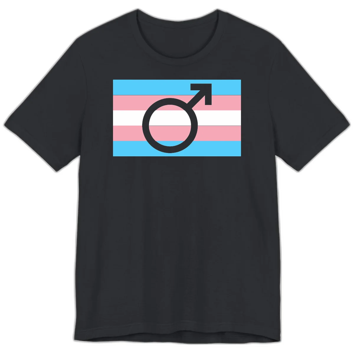 Gray transgender symbol with male arrow and circle overlaid on light blue, pink, and white horizontal stripes representing the trans pride flag in Vintage Black