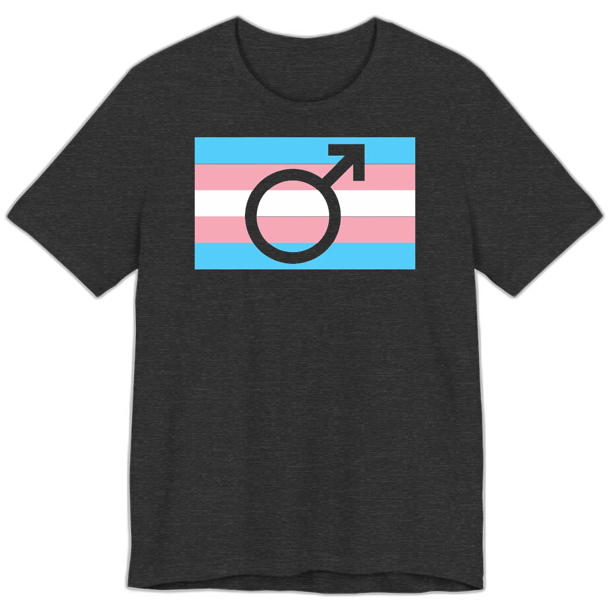 Gray transgender symbol with male arrow and circle overlaid on light blue, pink, and white horizontal stripes representing the trans pride flag in Dark Grey Heather
