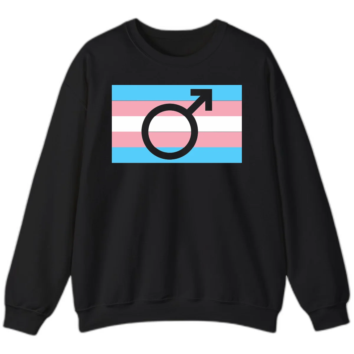 Gray transgender symbol with male arrow and circle overlaid on light blue, pink, and white horizontal stripes representing the trans pride flag in Black