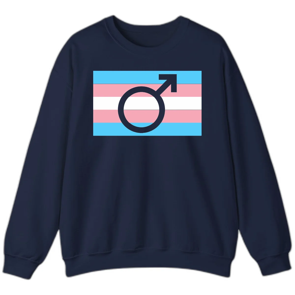 Gray transgender symbol with male arrow and circle overlaid on light blue, pink, and white horizontal stripes representing the trans pride flag in Navy