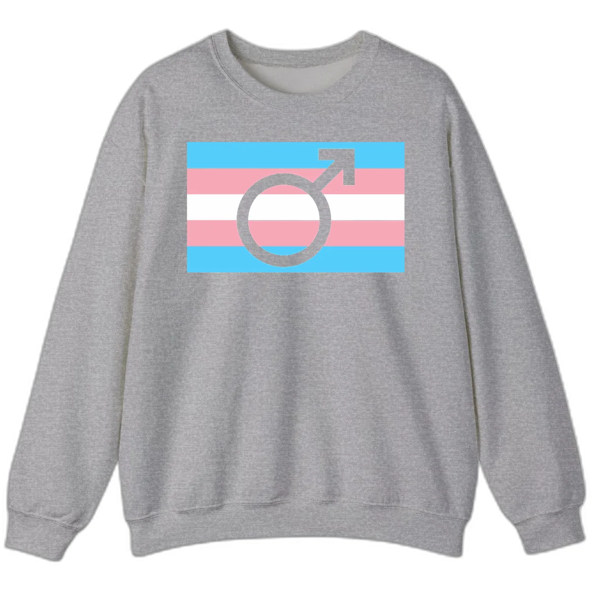 Gray transgender symbol with male arrow and circle overlaid on light blue, pink, and white horizontal stripes representing the trans pride flag in Sport Grey