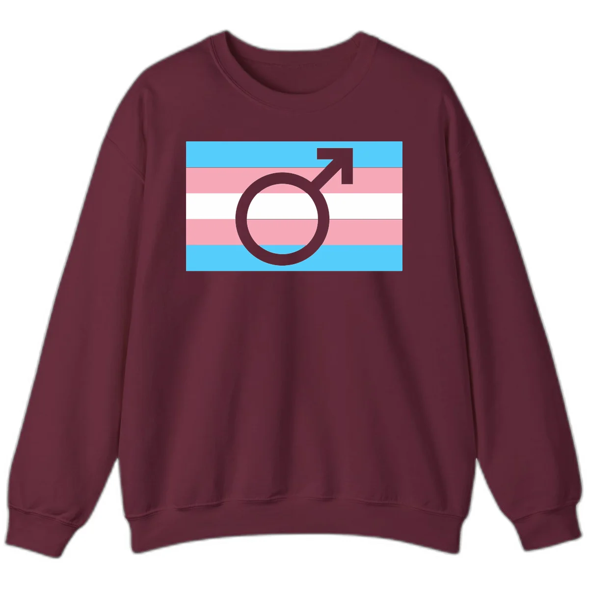 Gray transgender symbol with male arrow and circle overlaid on light blue, pink, and white horizontal stripes representing the trans pride flag in Maroon