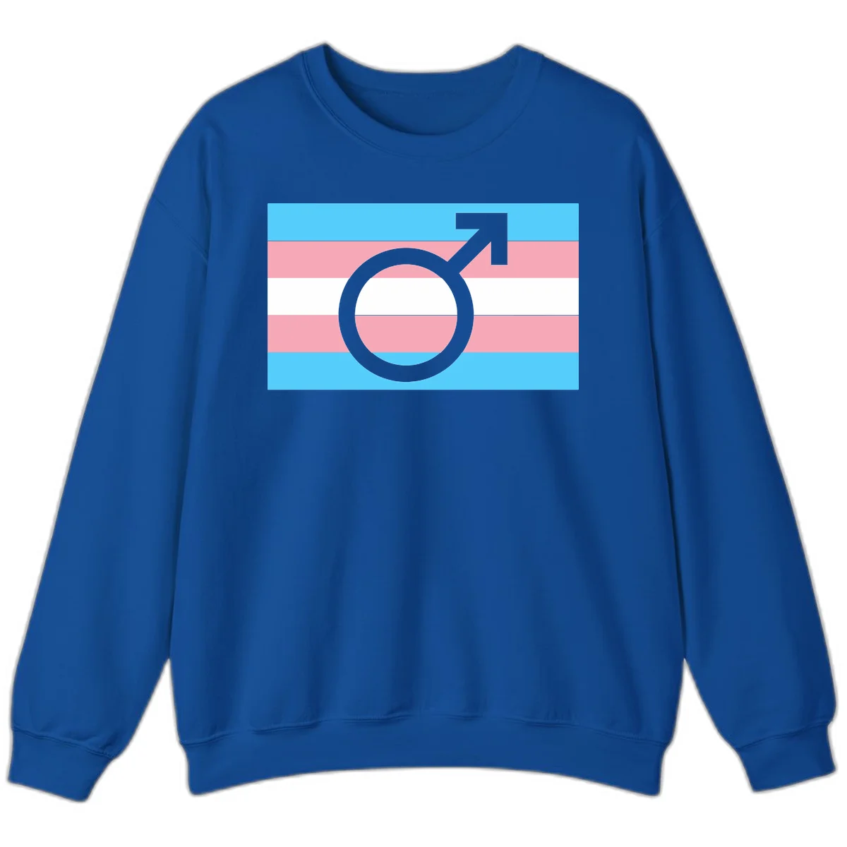 Gray transgender symbol with male arrow and circle overlaid on light blue, pink, and white horizontal stripes representing the trans pride flag in Royal