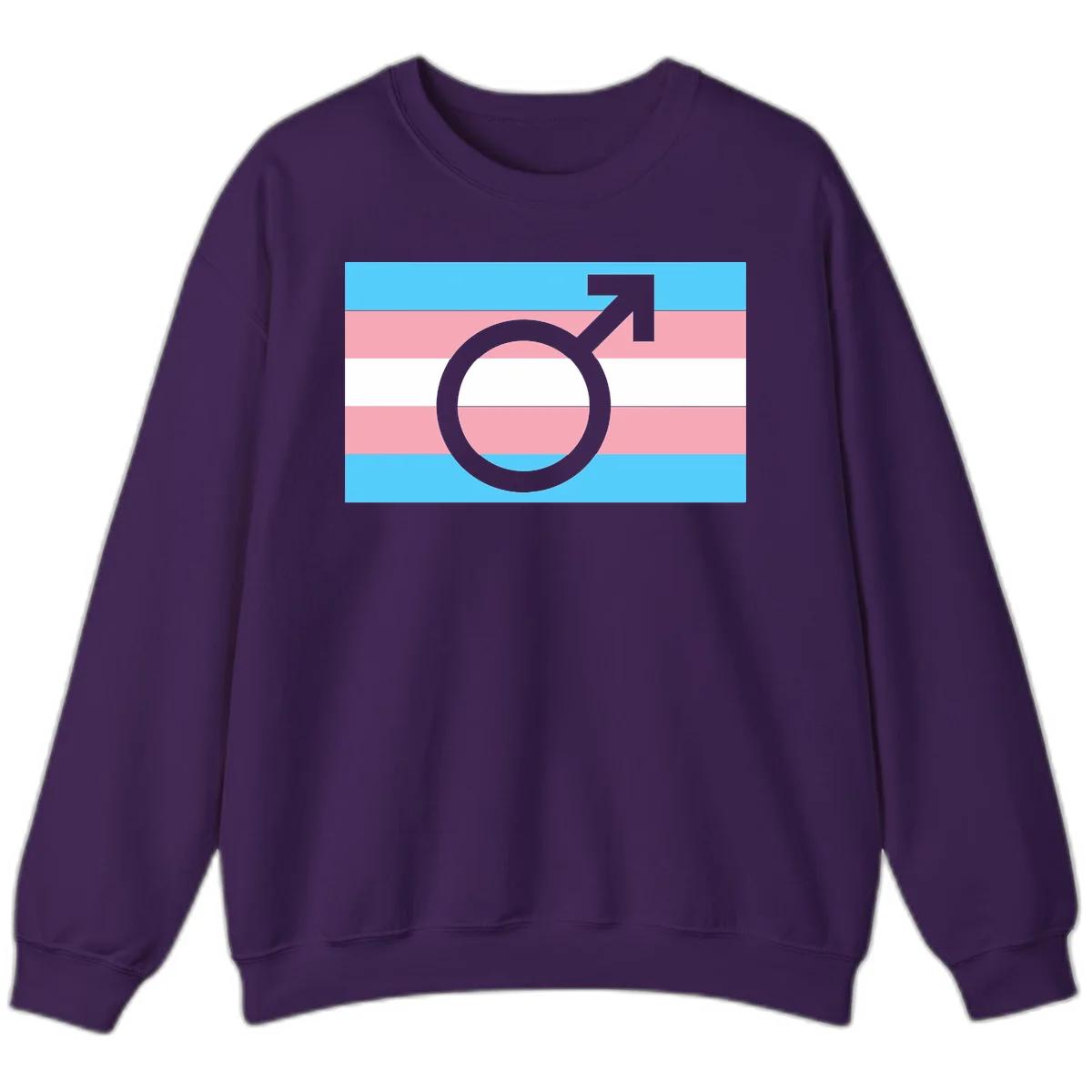 Gray transgender symbol with male arrow and circle overlaid on light blue, pink, and white horizontal stripes representing the trans pride flag in Purple