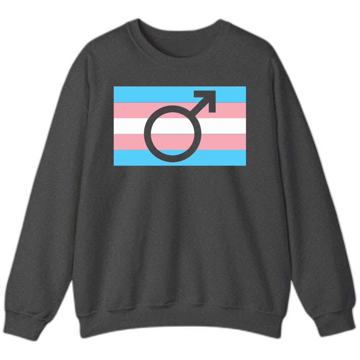 Gray transgender symbol with male arrow and circle overlaid on light blue, pink, and white horizontal stripes representing the trans pride flag in Dark Heather