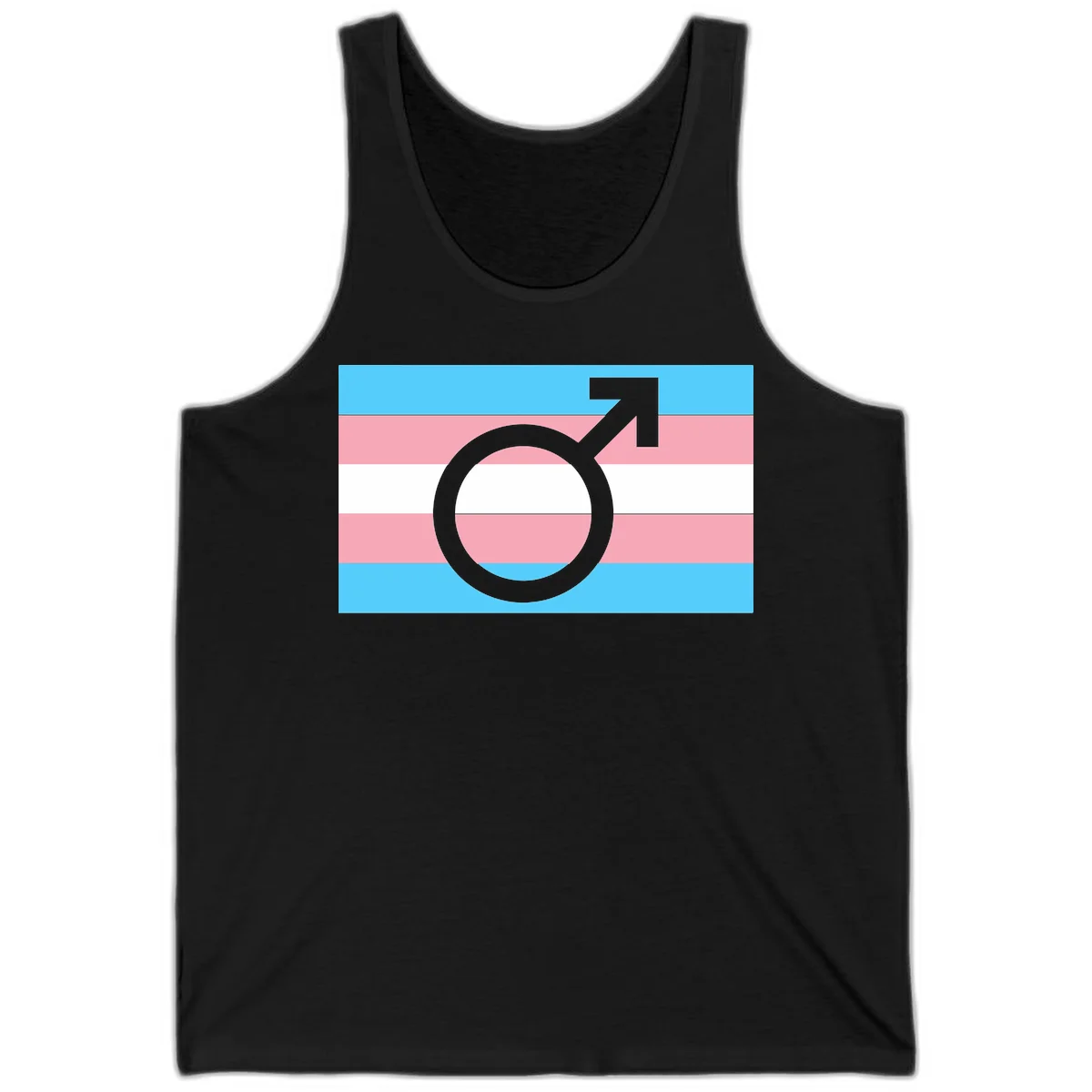 Gray transgender symbol with male arrow and circle overlaid on light blue, pink, and white horizontal stripes representing the trans pride flag in Black