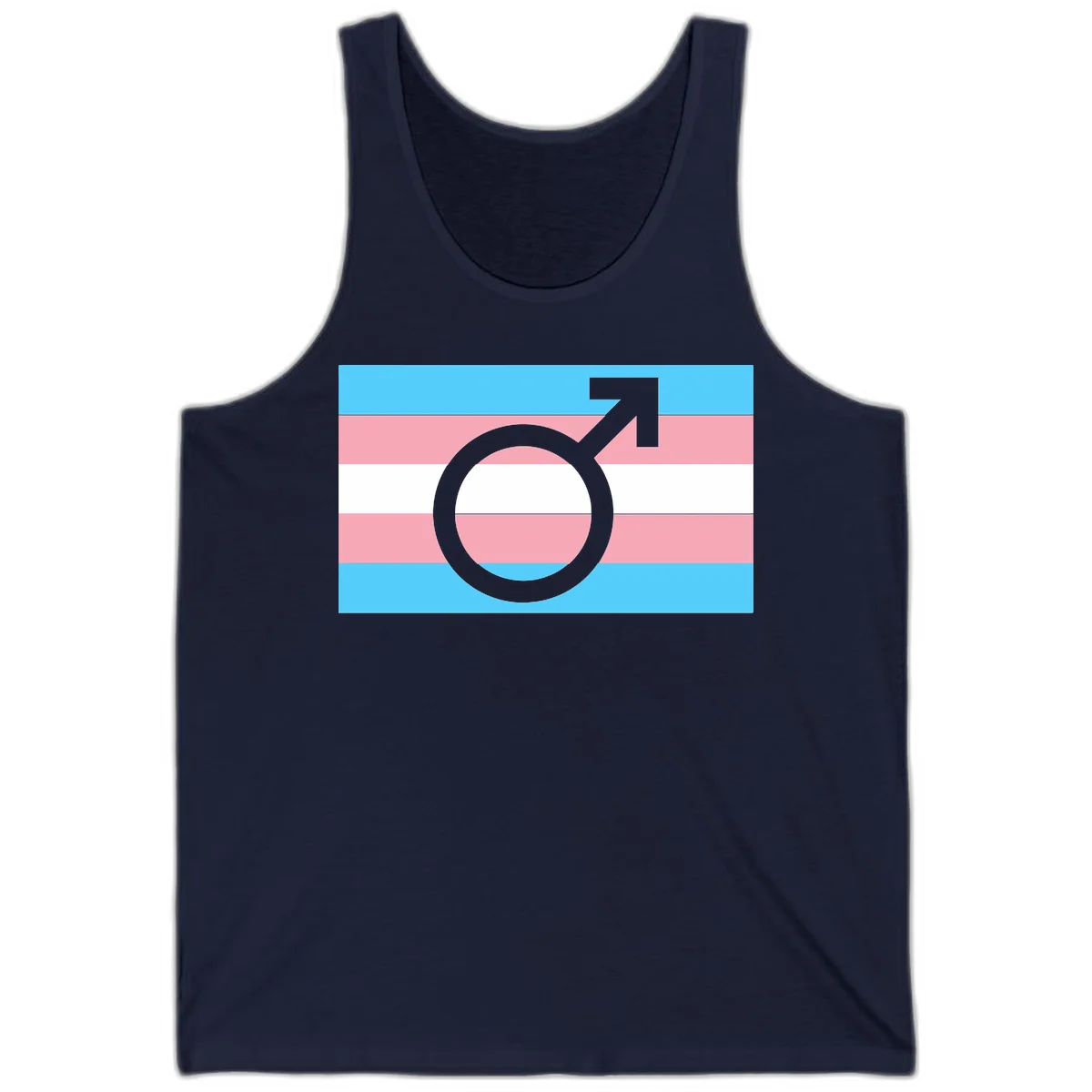 Gray transgender symbol with male arrow and circle overlaid on light blue, pink, and white horizontal stripes representing the trans pride flag in Navy