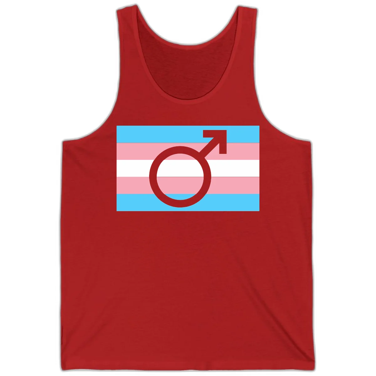 Gray transgender symbol with male arrow and circle overlaid on light blue, pink, and white horizontal stripes representing the trans pride flag in Red