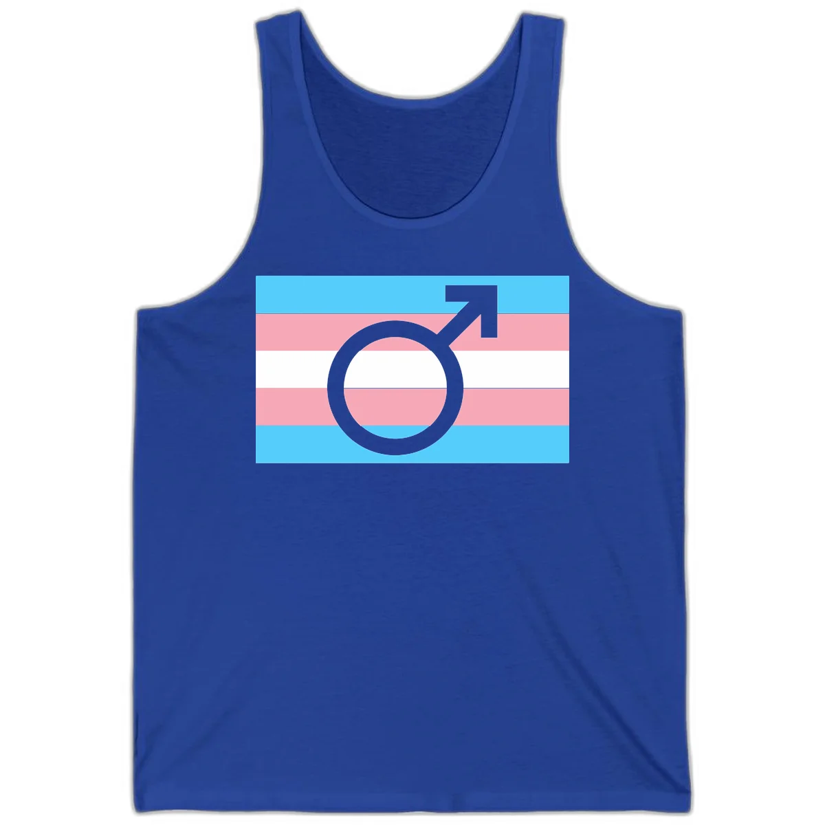 Gray transgender symbol with male arrow and circle overlaid on light blue, pink, and white horizontal stripes representing the trans pride flag in True Royal