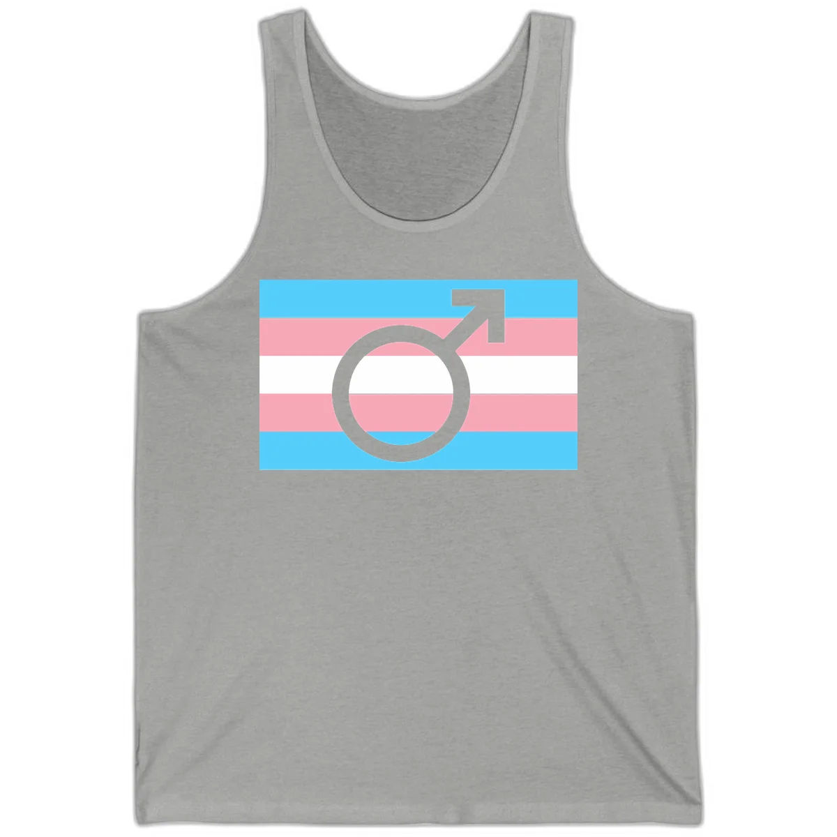 Gray transgender symbol with male arrow and circle overlaid on light blue, pink, and white horizontal stripes representing the trans pride flag in Athletic Heather
