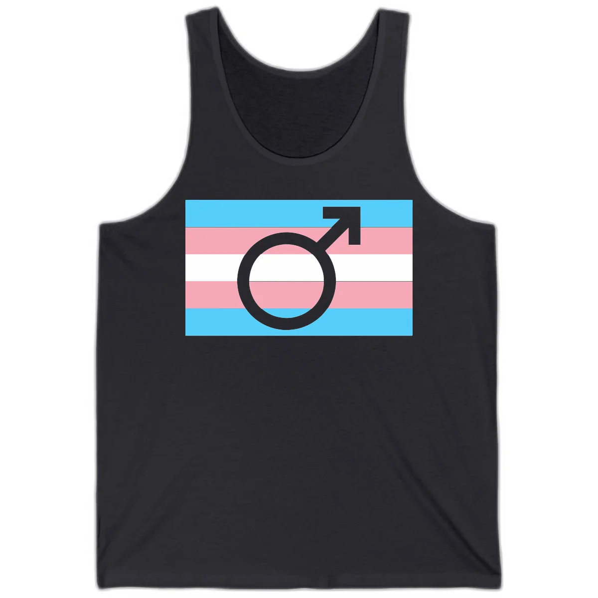 Gray transgender symbol with male arrow and circle overlaid on light blue, pink, and white horizontal stripes representing the trans pride flag in Dark Grey