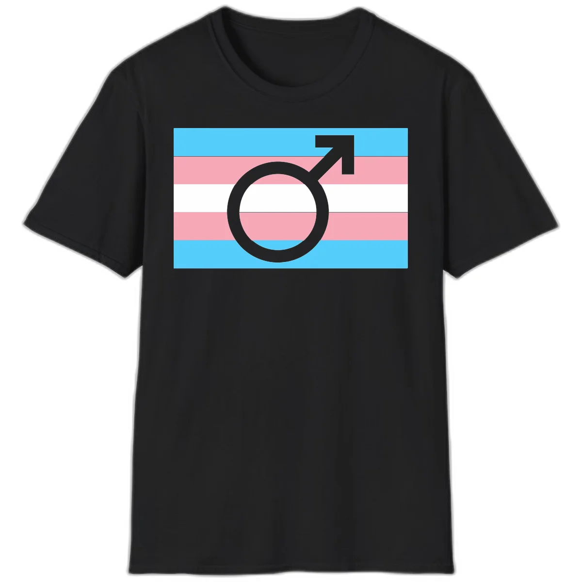 Gray transgender symbol with male arrow and circle overlaid on light blue, pink, and white horizontal stripes representing the trans pride flag in Black