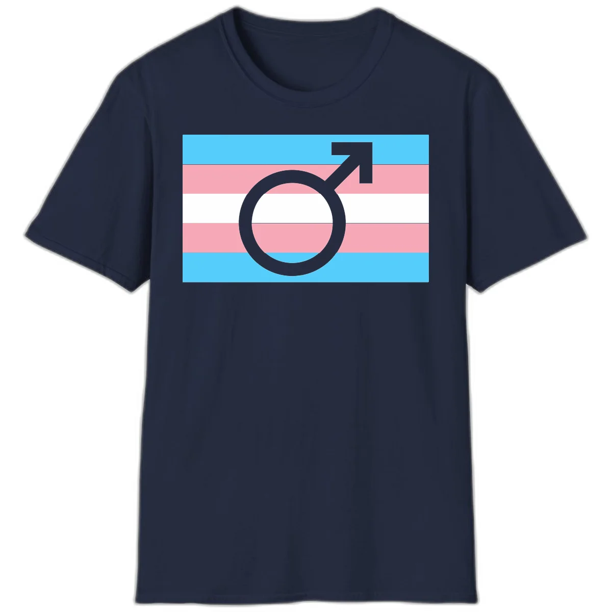 Gray transgender symbol with male arrow and circle overlaid on light blue, pink, and white horizontal stripes representing the trans pride flag in Navy