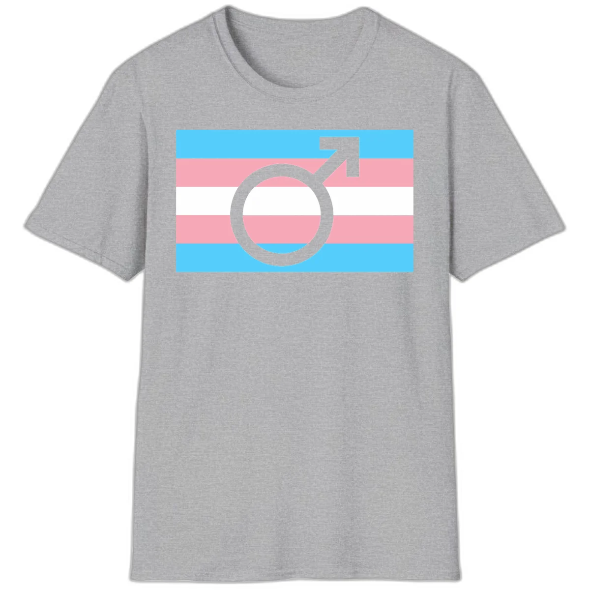 Gray transgender symbol with male arrow and circle overlaid on light blue, pink, and white horizontal stripes representing the trans pride flag in Sport Grey