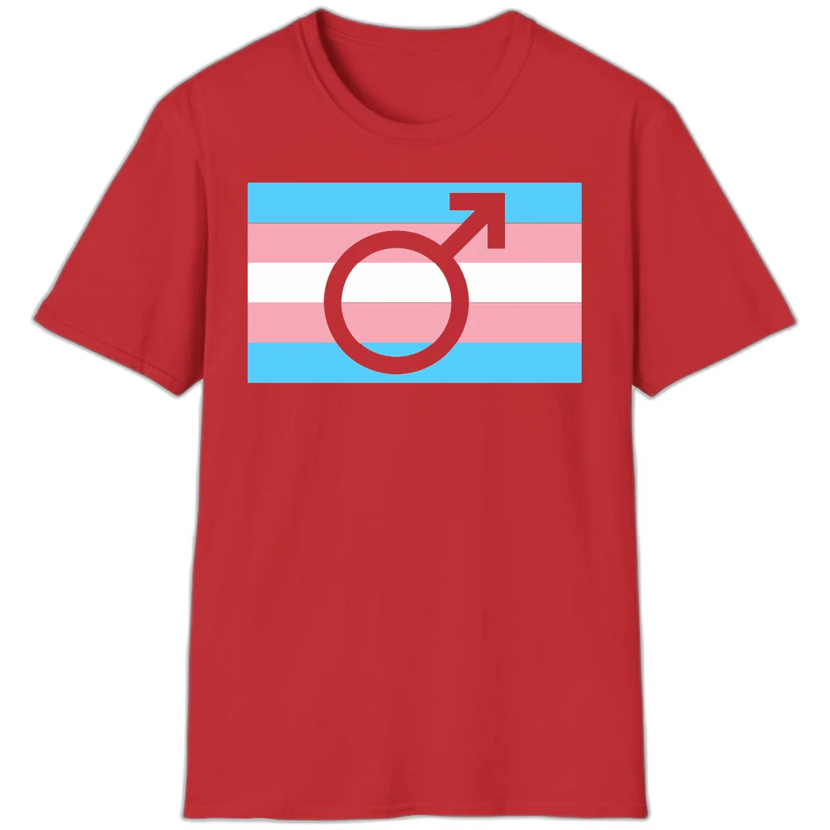 Gray transgender symbol with male arrow and circle overlaid on light blue, pink, and white horizontal stripes representing the trans pride flag in Red