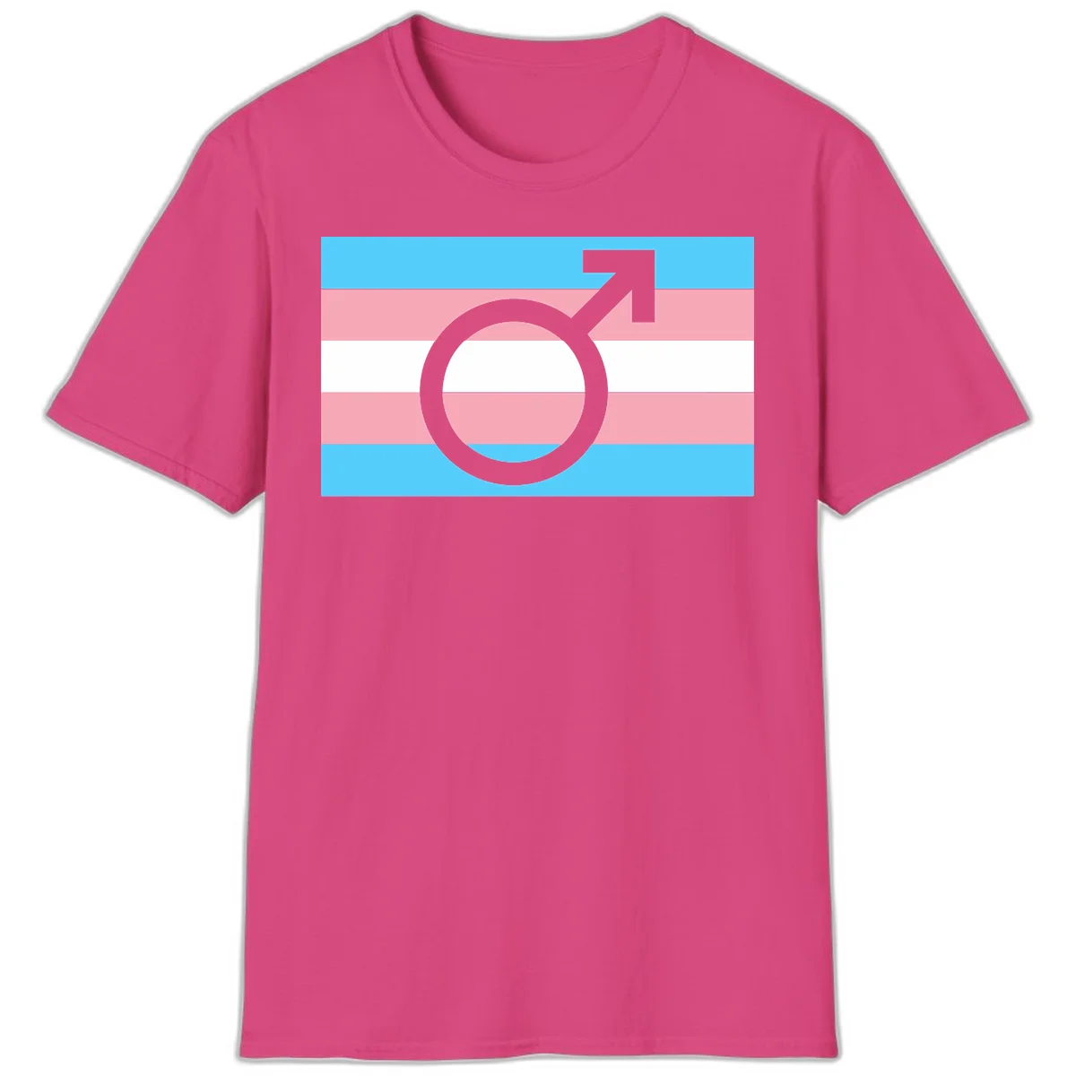 Gray transgender symbol with male arrow and circle overlaid on light blue, pink, and white horizontal stripes representing the trans pride flag in Heliconia