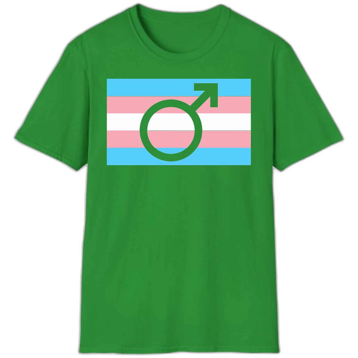Gray transgender symbol with male arrow and circle overlaid on light blue, pink, and white horizontal stripes representing the trans pride flag in Irish Green