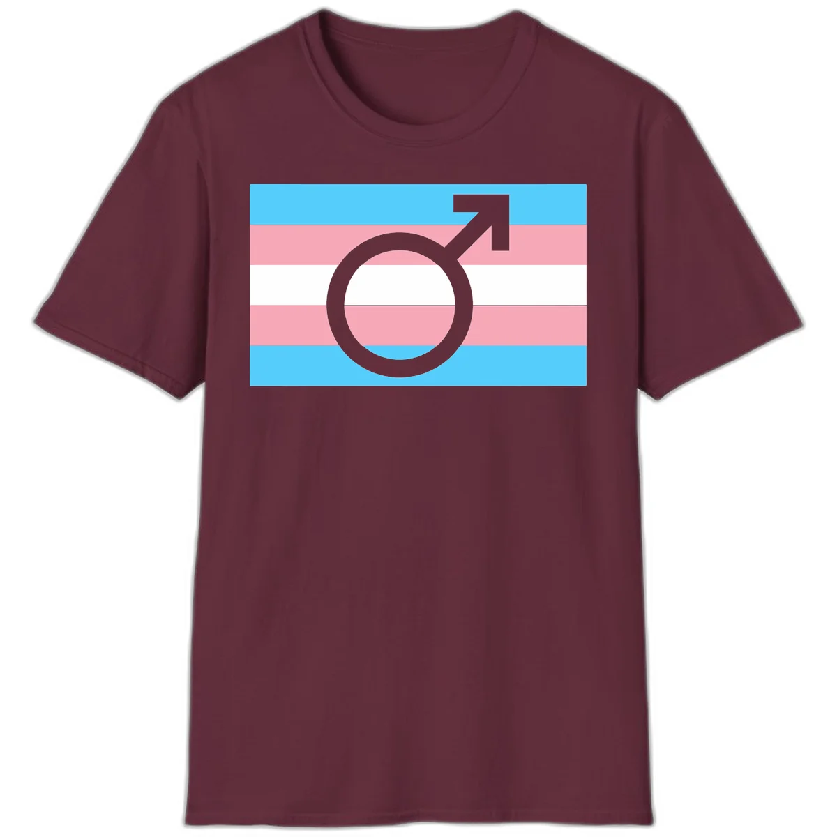 Gray transgender symbol with male arrow and circle overlaid on light blue, pink, and white horizontal stripes representing the trans pride flag in Maroon