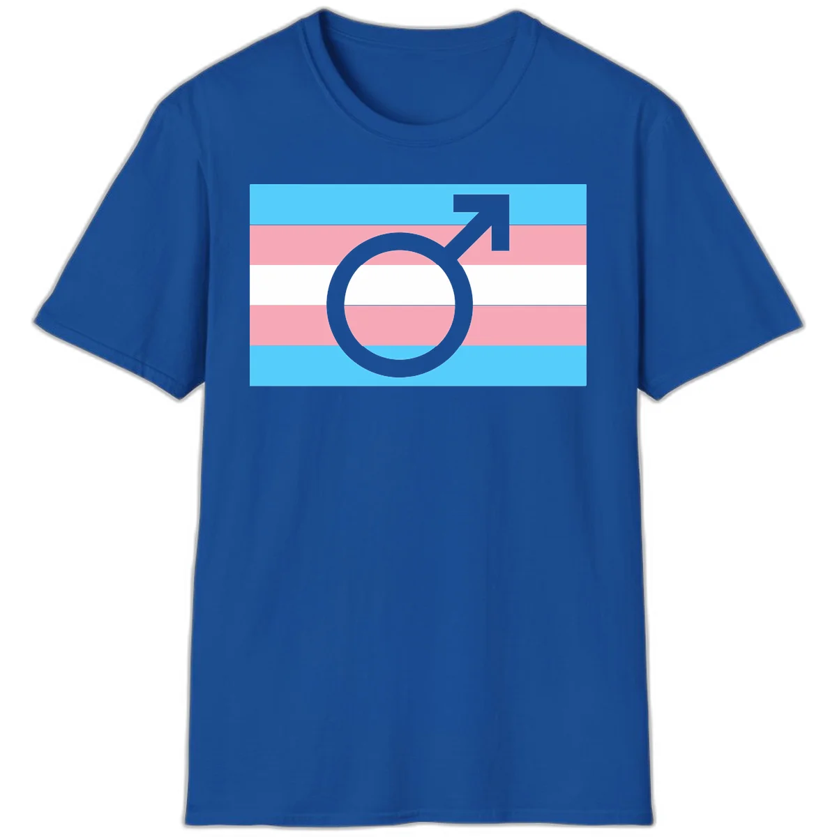 Gray transgender symbol with male arrow and circle overlaid on light blue, pink, and white horizontal stripes representing the trans pride flag in Royal