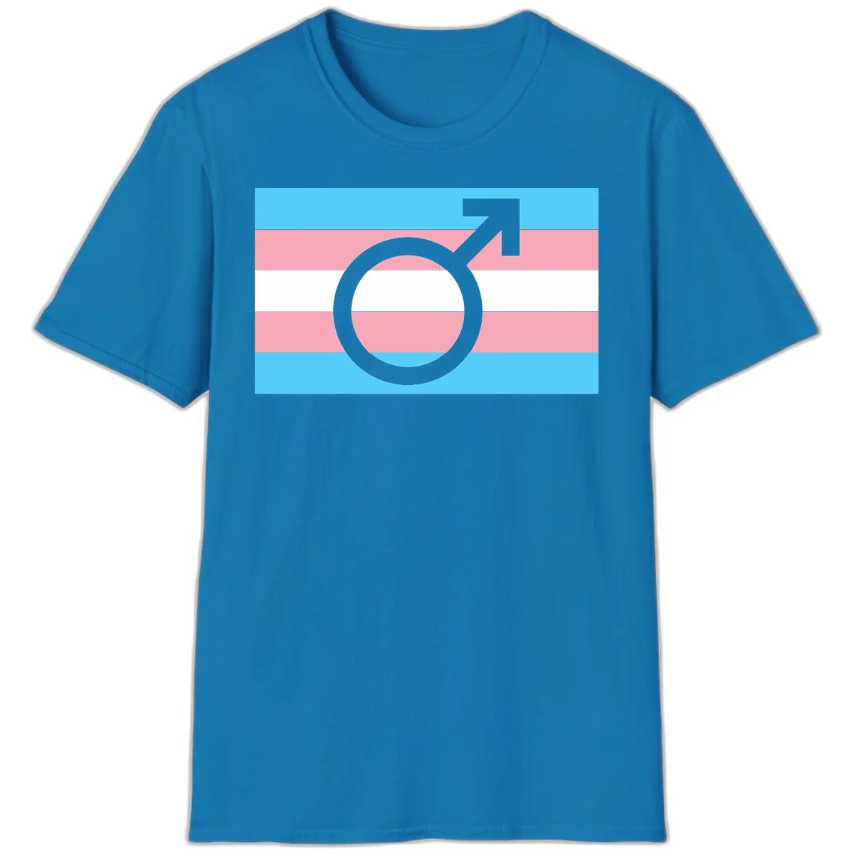 Gray transgender symbol with male arrow and circle overlaid on light blue, pink, and white horizontal stripes representing the trans pride flag in Sapphire