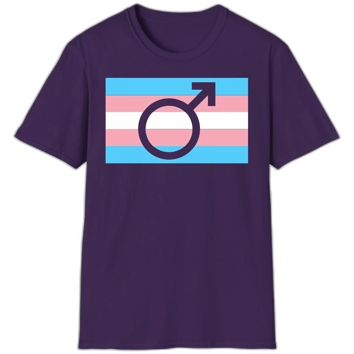 Gray transgender symbol with male arrow and circle overlaid on light blue, pink, and white horizontal stripes representing the trans pride flag in Purple
