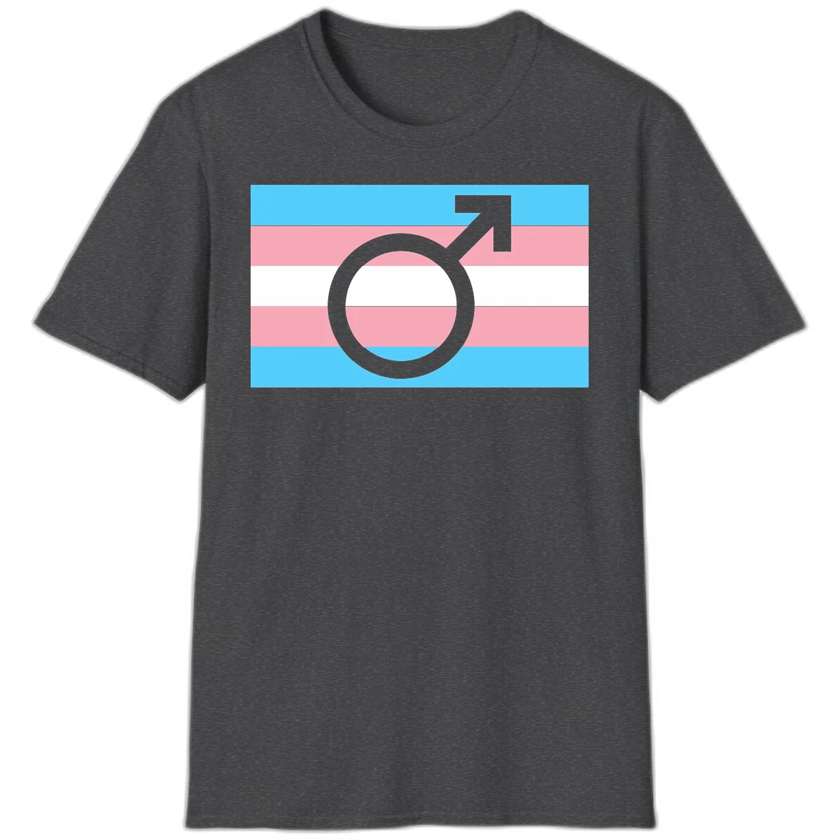 Gray transgender symbol with male arrow and circle overlaid on light blue, pink, and white horizontal stripes representing the trans pride flag in Dark Heather