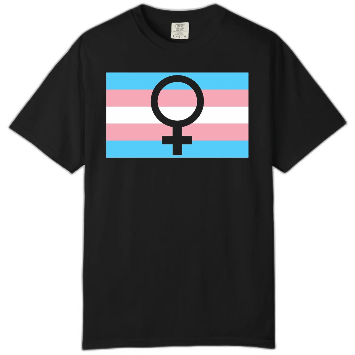 Gray female symbol centered on trans pride flag with cyan, pink, and white horizontal stripes in Black