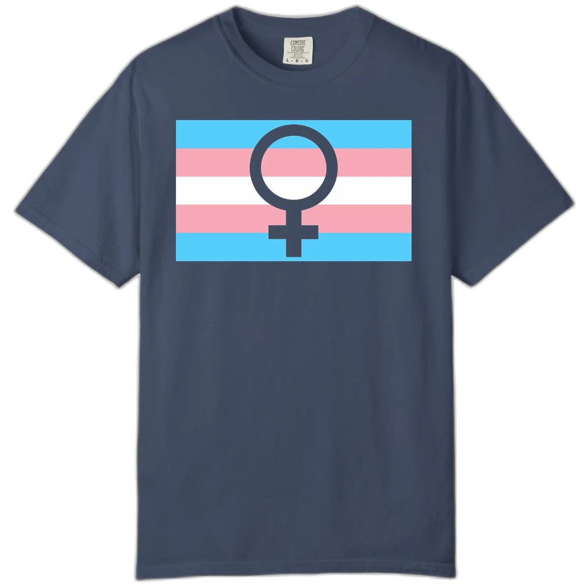 Gray female symbol centered on trans pride flag with cyan, pink, and white horizontal stripes in Midnight