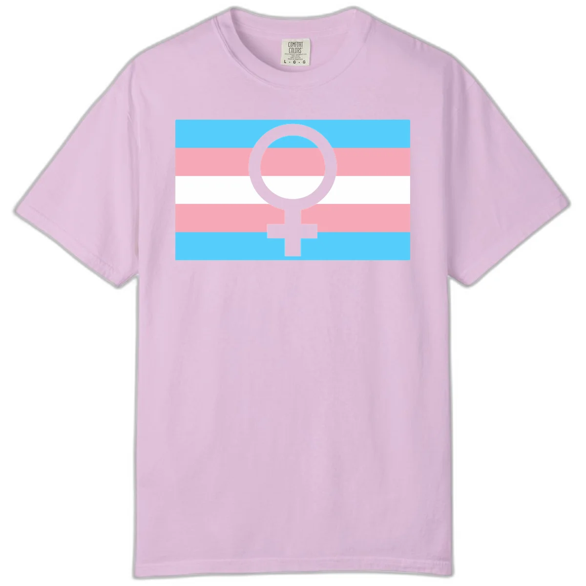 Gray female symbol centered on trans pride flag with cyan, pink, and white horizontal stripes in Orchid