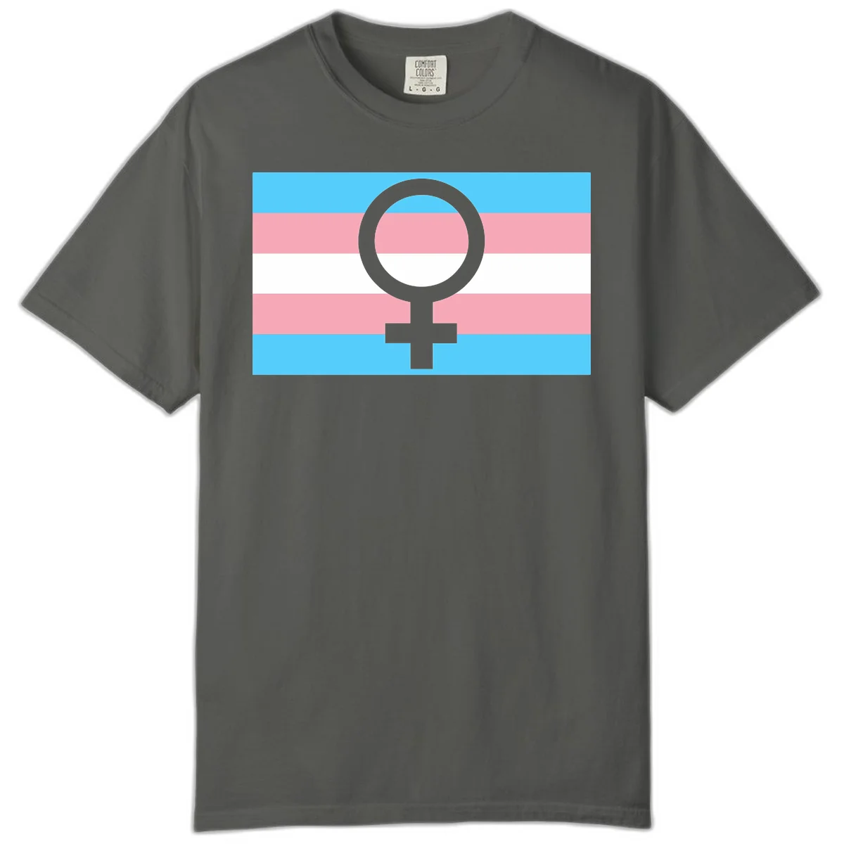 Gray female symbol centered on trans pride flag with cyan, pink, and white horizontal stripes in Pepper
