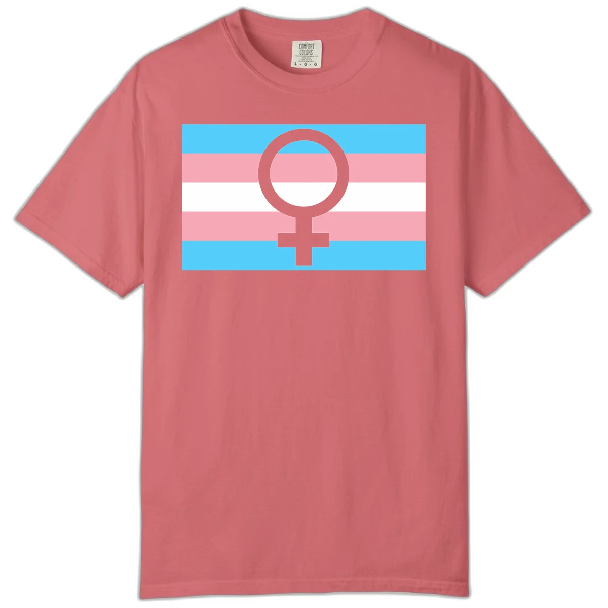 Gray female symbol centered on trans pride flag with cyan, pink, and white horizontal stripes in Watermelon