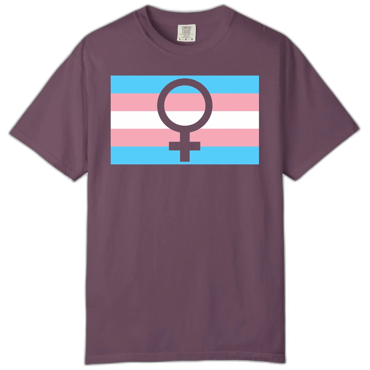 Gray female symbol centered on trans pride flag with cyan, pink, and white horizontal stripes in Berry