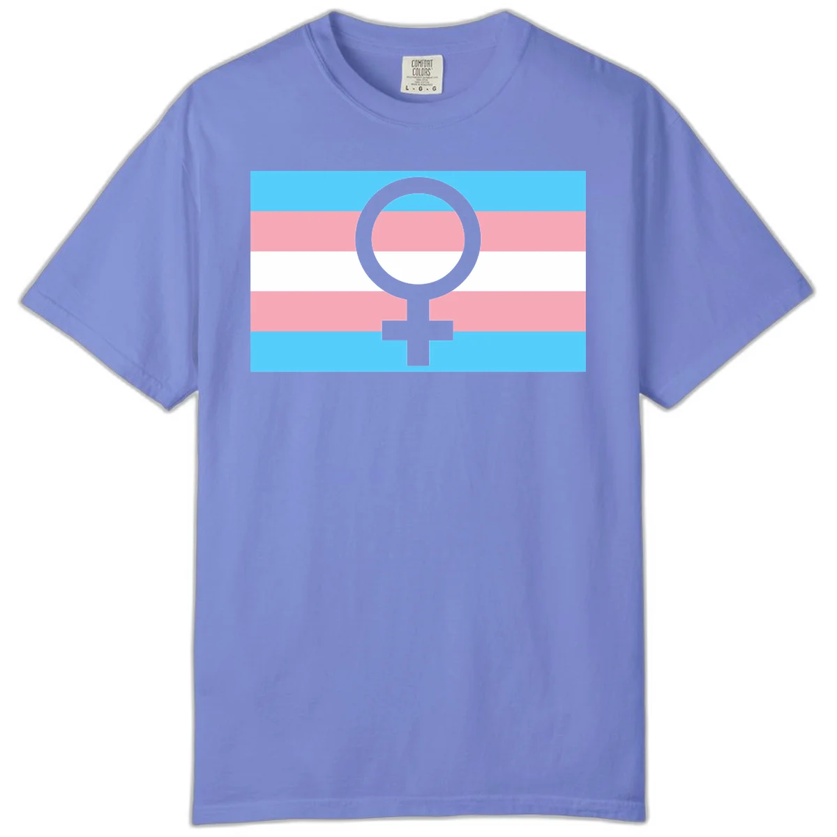 Gray female symbol centered on trans pride flag with cyan, pink, and white horizontal stripes in Flo Blue