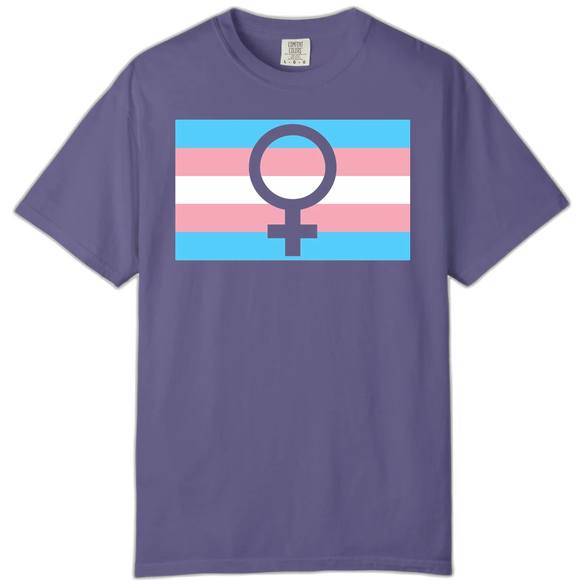 Gray female symbol centered on trans pride flag with cyan, pink, and white horizontal stripes in Grape
