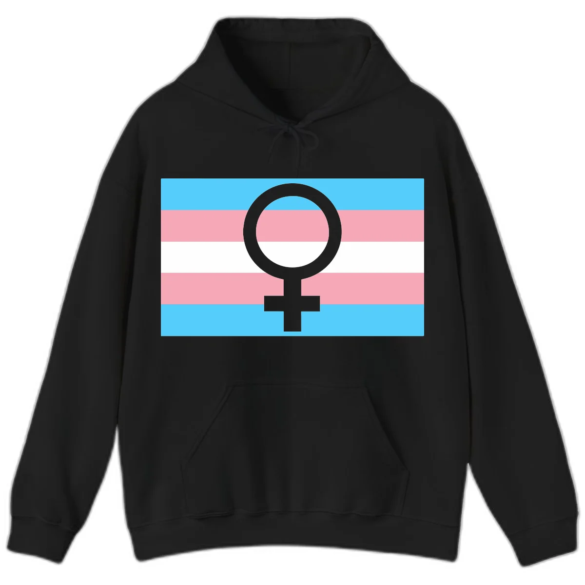 Gray female symbol centered on trans pride flag with cyan, pink, and white horizontal stripes in Black