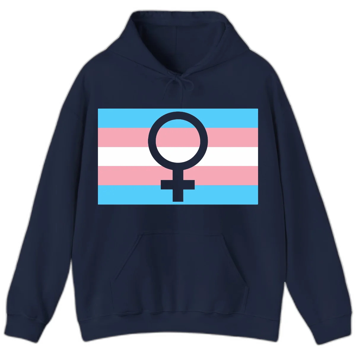 Gray female symbol centered on trans pride flag with cyan, pink, and white horizontal stripes in Navy