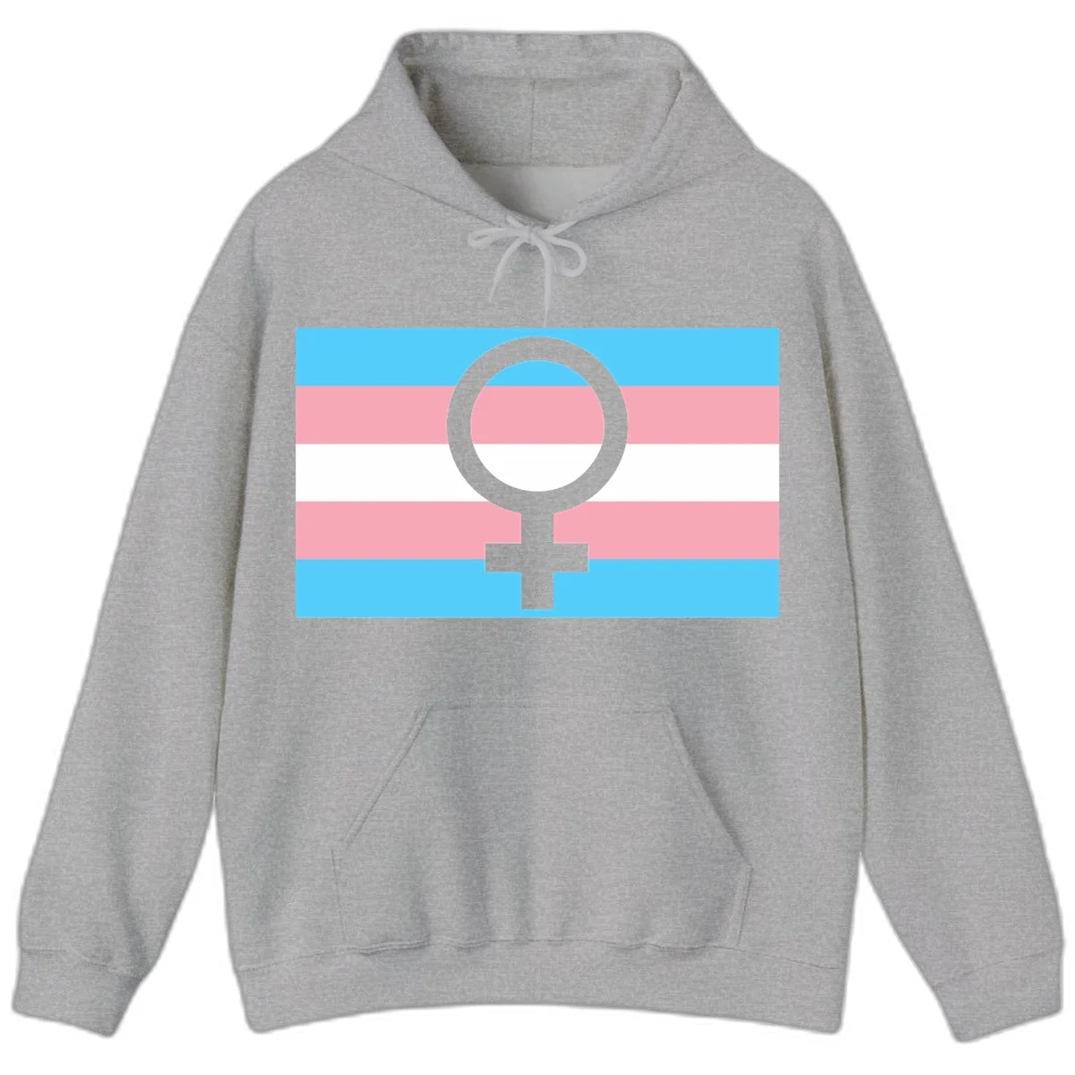 Gray female symbol centered on trans pride flag with cyan, pink, and white horizontal stripes in Sport Grey