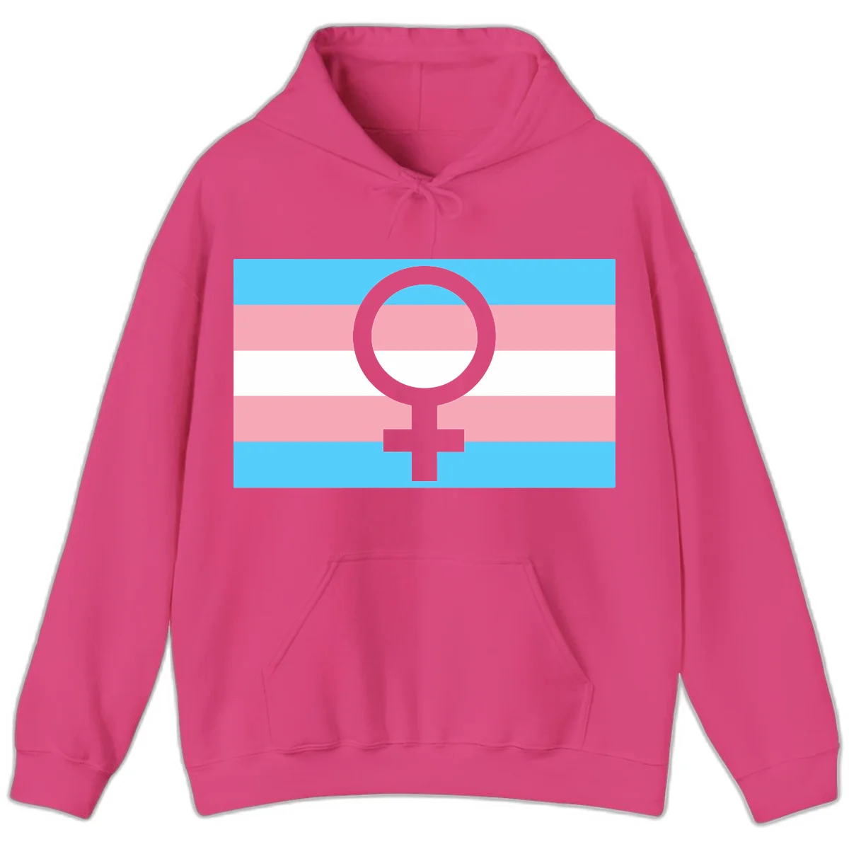 Gray female symbol centered on trans pride flag with cyan, pink, and white horizontal stripes in Heliconia