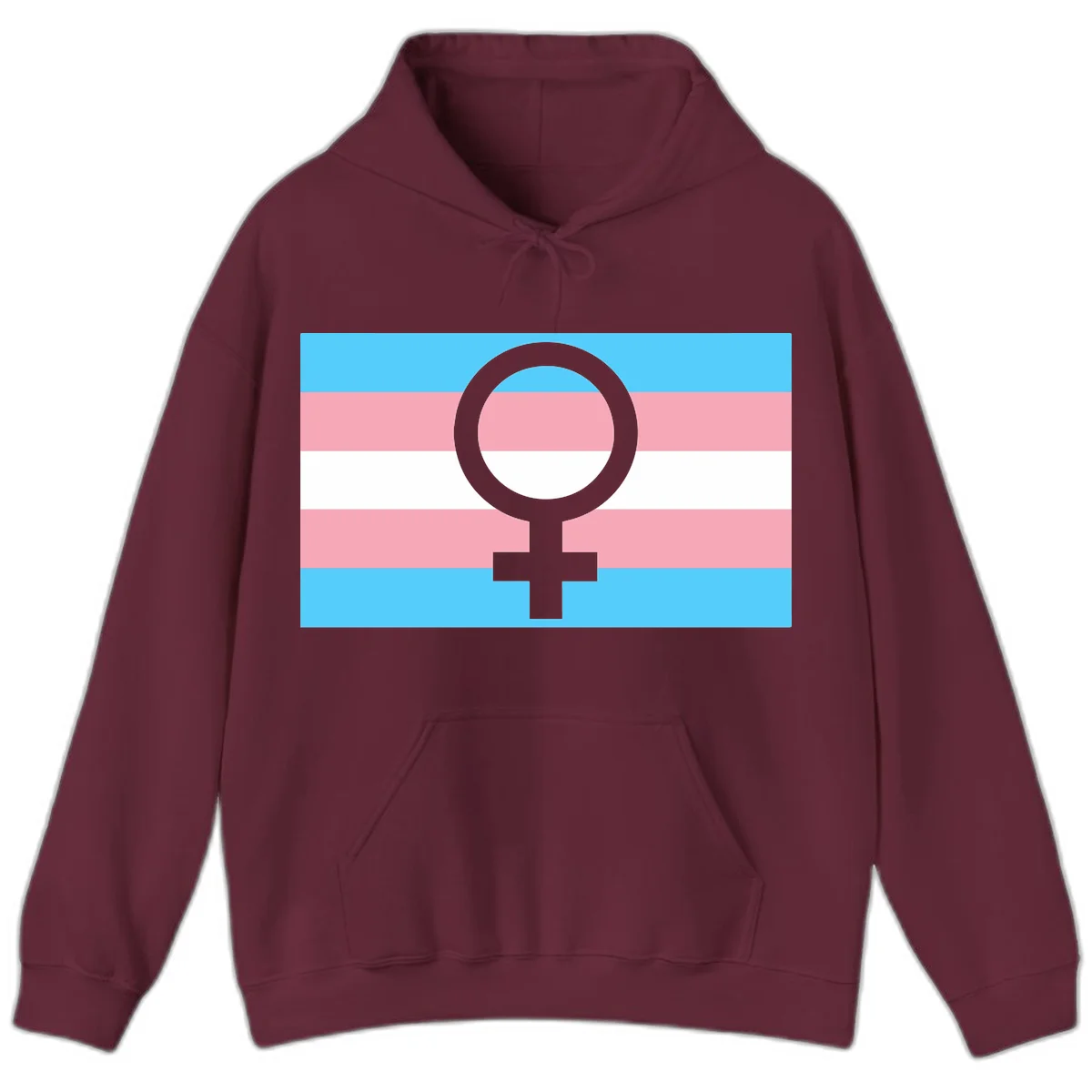 Gray female symbol centered on trans pride flag with cyan, pink, and white horizontal stripes in Maroon