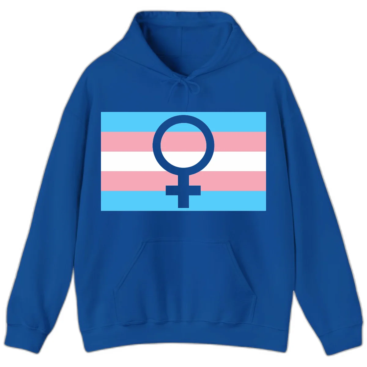 Gray female symbol centered on trans pride flag with cyan, pink, and white horizontal stripes in Royal