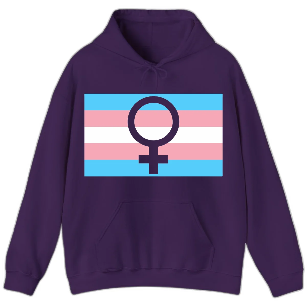 Gray female symbol centered on trans pride flag with cyan, pink, and white horizontal stripes in Purple