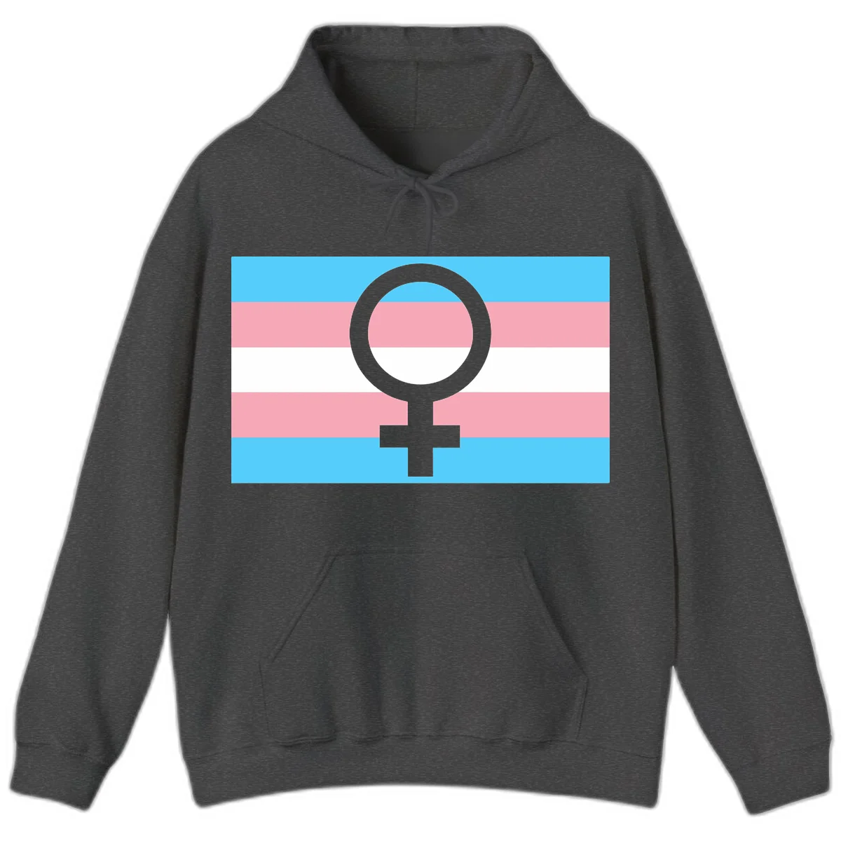 Gray female symbol centered on trans pride flag with cyan, pink, and white horizontal stripes in Dark Heather
