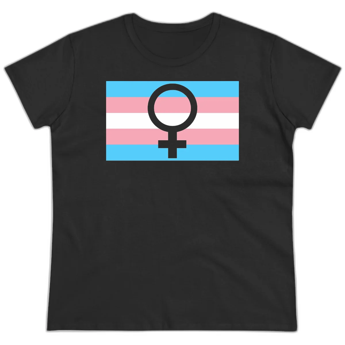 Gray female symbol centered on trans pride flag with cyan, pink, and white horizontal stripes in Black