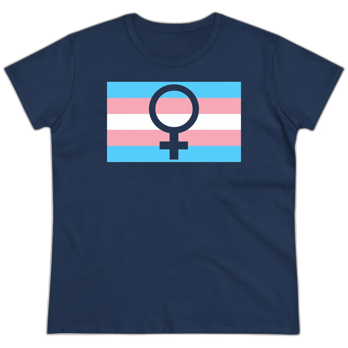 Gray female symbol centered on trans pride flag with cyan, pink, and white horizontal stripes in Navy