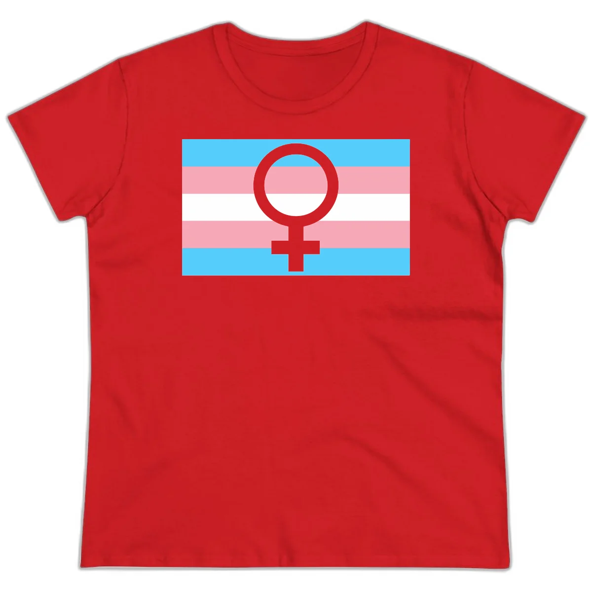 Gray female symbol centered on trans pride flag with cyan, pink, and white horizontal stripes in Red