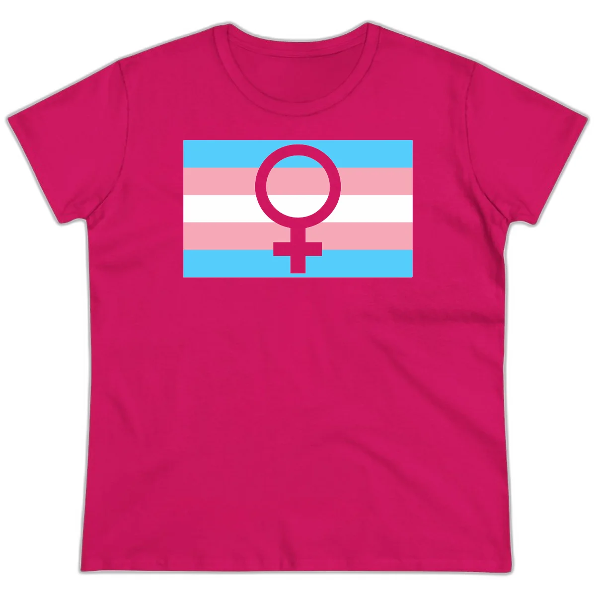 Gray female symbol centered on trans pride flag with cyan, pink, and white horizontal stripes in Heliconia